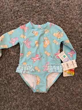 Kids Long-Sleeve Ruffle One-Piece Swimsuit - Light Blue CareBears